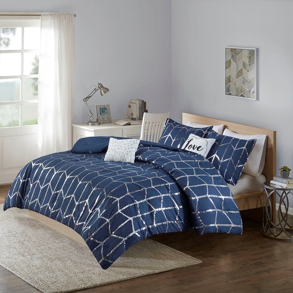 Intelligent Design Raina Metallic Printed Comforter Set - Navy / Silver - King Size / Cal King Size
