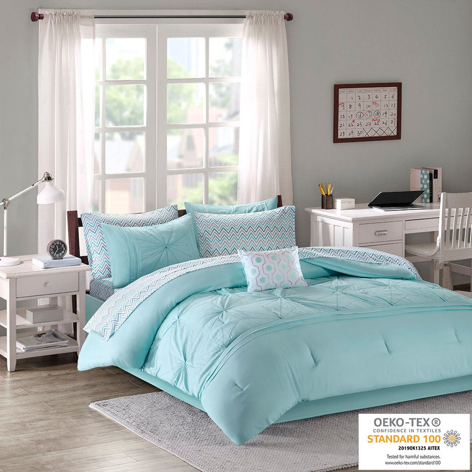 Intelligent Design Toren Embroidered Comforter Set with Bed Sheets - Aqua - Queen Size