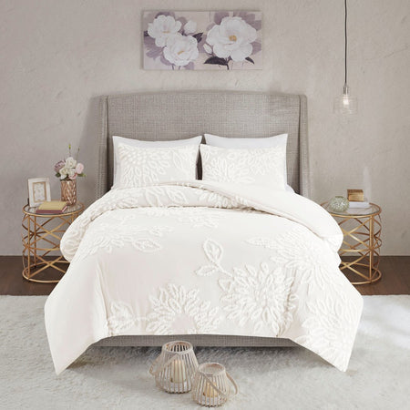 Madison Park Veronica 3 Piece Tufted Cotton Chenille Floral Comforter Set - Off White  - Full Size / Queen Size Shop Online & Save - ExpressHomeDirect.com
