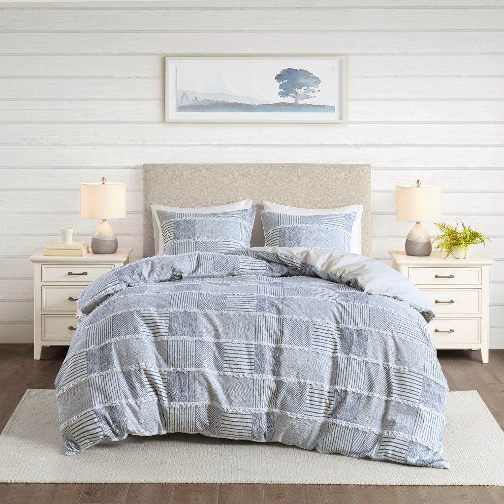 Madison Park Schafer 3 Piece Cotton Clipped Duvet Cover Set - Blue  - King Size / Cal King Size Shop Online & Save - ExpressHomeDirect.com