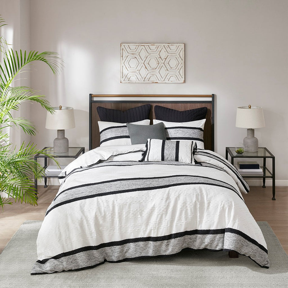 Cole 3 Piece Cotton Jacquard Comforter Set - Black / White - Full Size / Queen Size