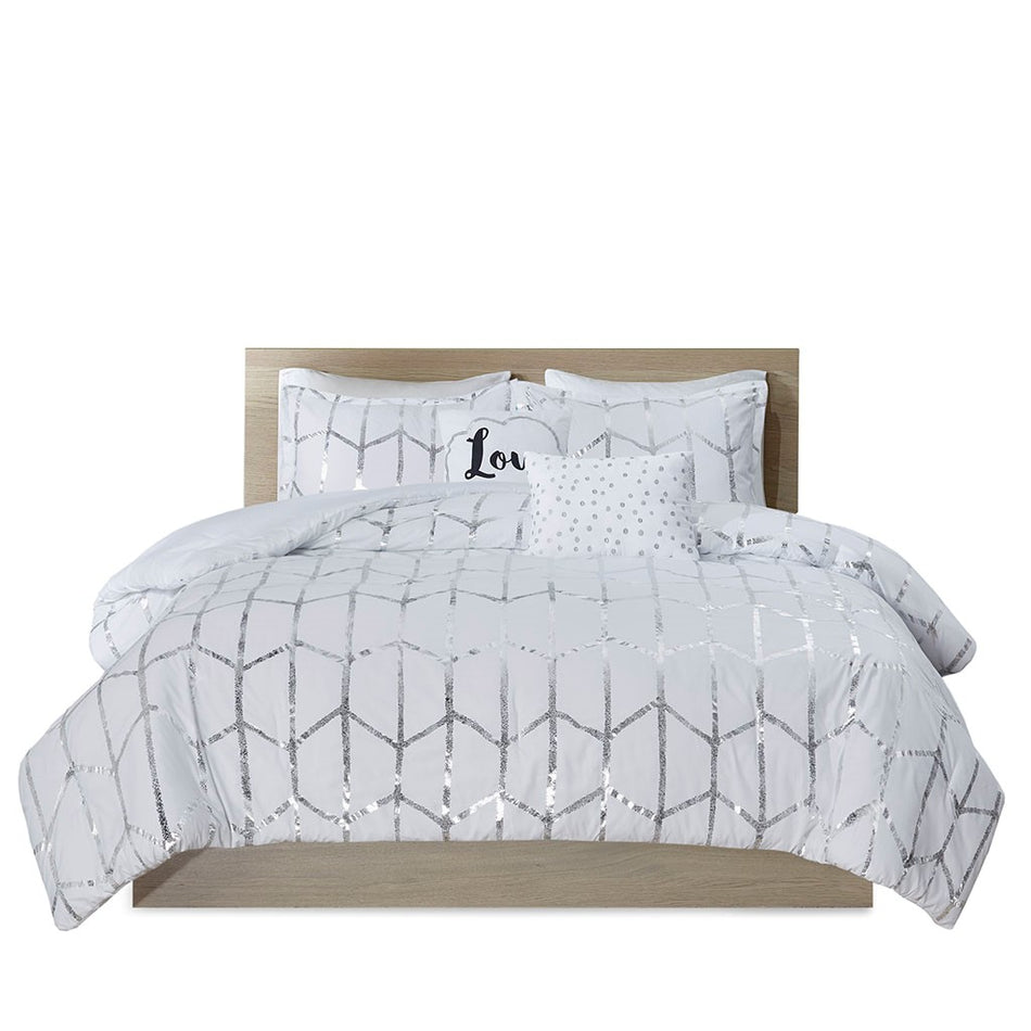 Raina Metallic Printed Comforter Set - White / Silver - Full Size / Queen Size