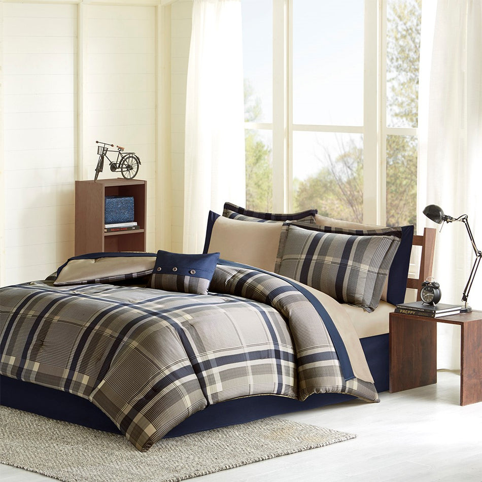 Robbie Plaid Comforter Set with Bed Sheets - Navy Multi - Twin XL Size