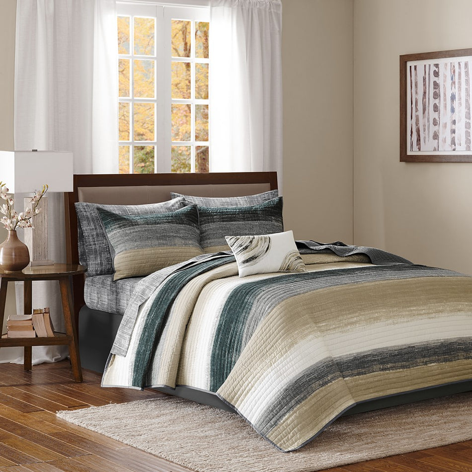 Madison Park Essentials Saben 6 Piece Quilt Set with Cotton Bed Sheets - Taupe - Twin Size
