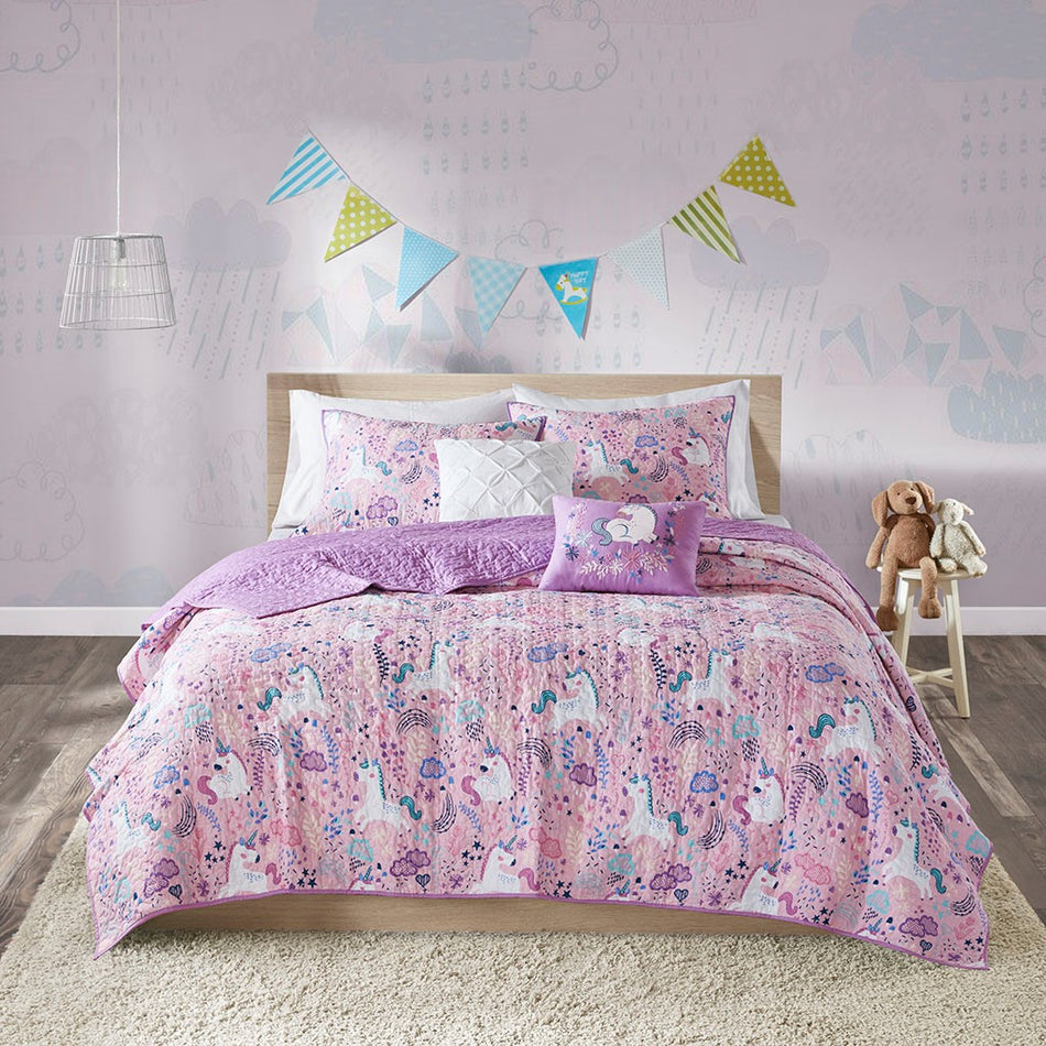 Lola Unicorn Reversible Cotton Quilt Set with Throw Pillows - Pink - Twin Size