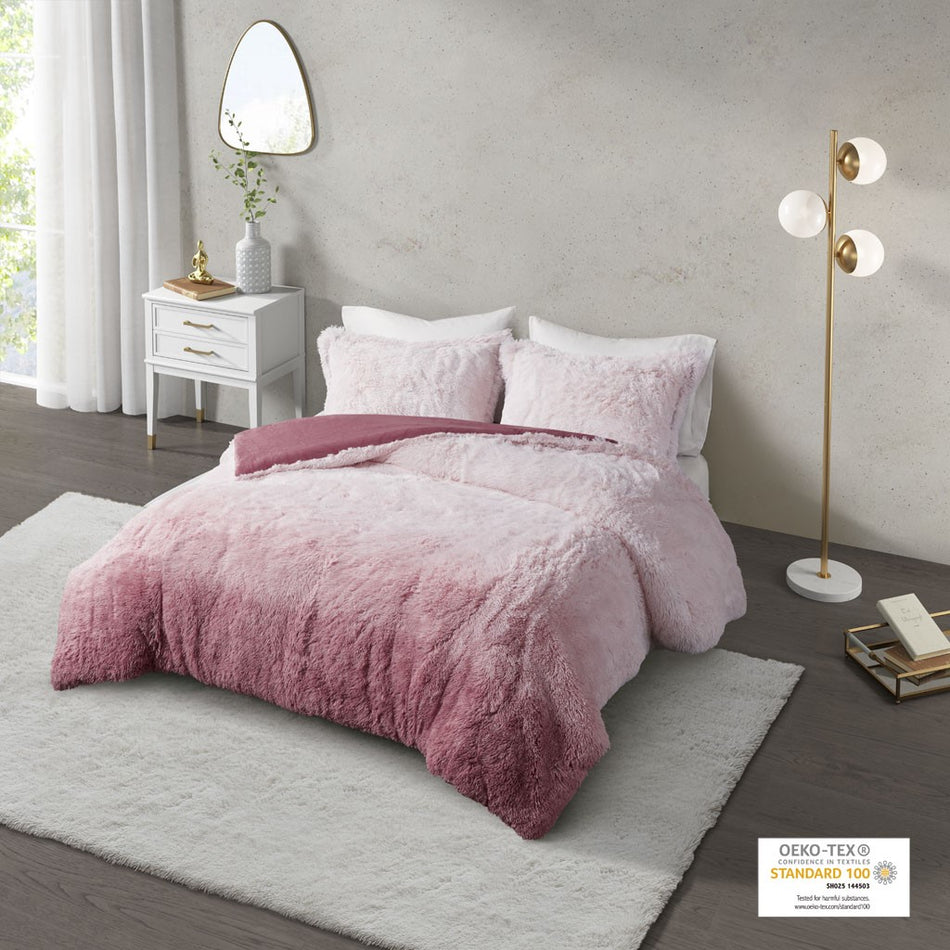CosmoLiving Cleo Ombre Shaggy Fur Comforter Set - Blush - King Size