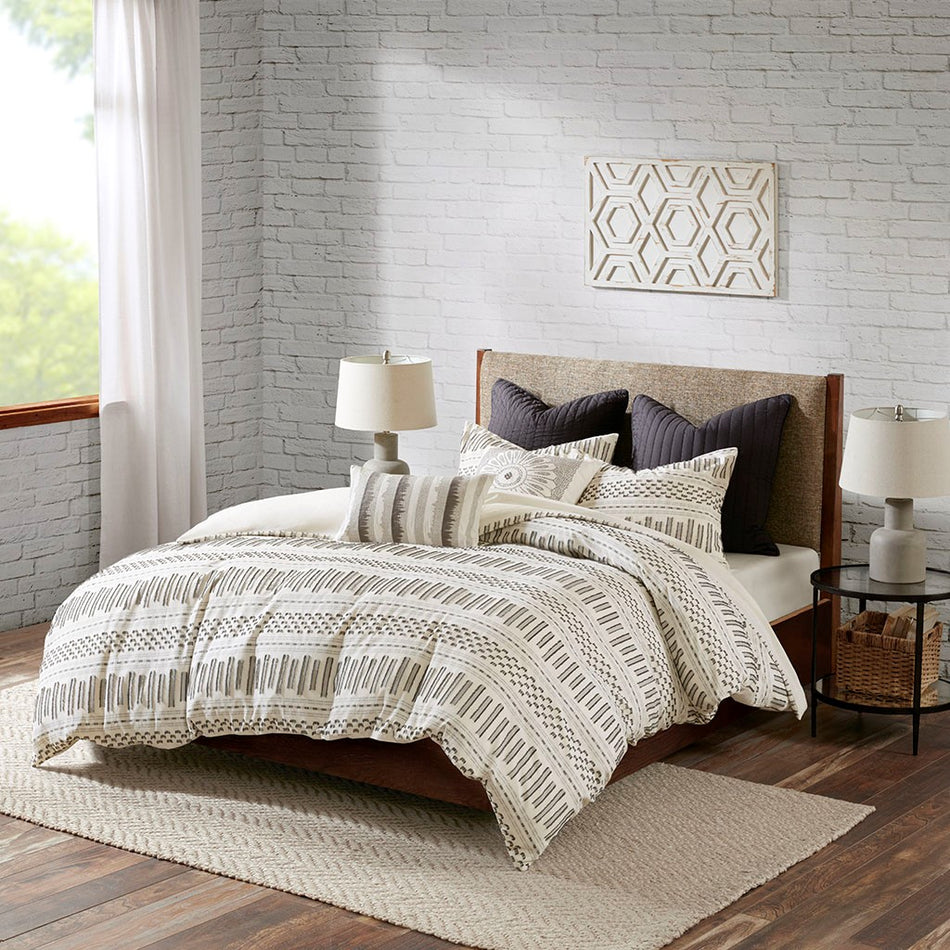 INK+IVY Rhea Cotton Jacquard Comforter Mini Set - Ivory / Charcoal - Full Size / Queen Size