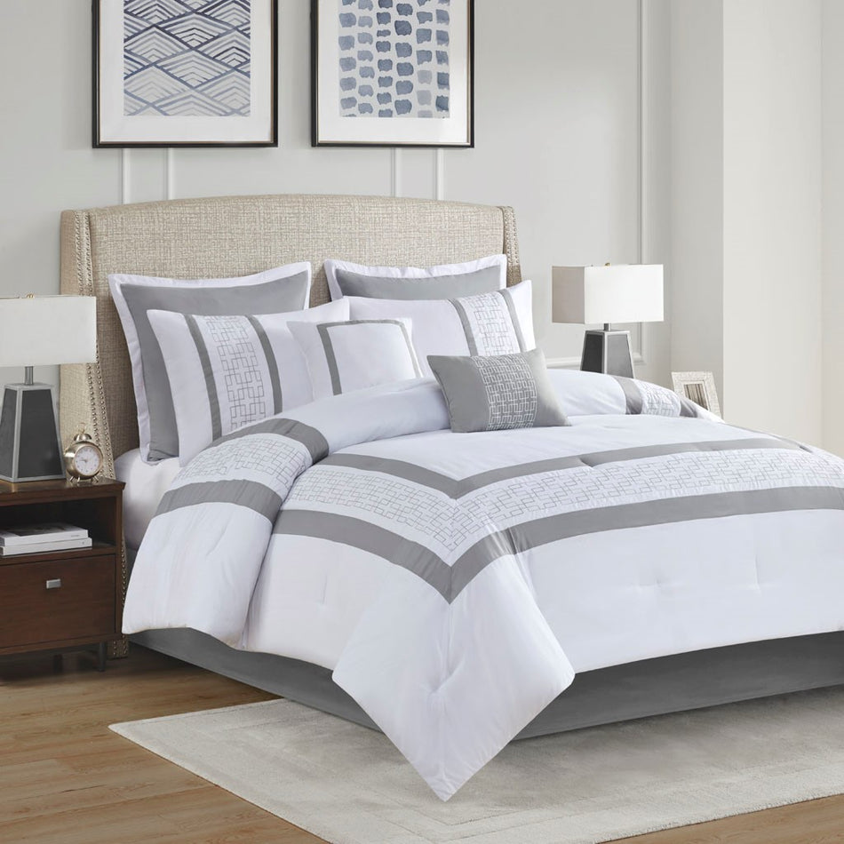 Powell 8 Piece Embroidered Comforter Set - White - King Size
