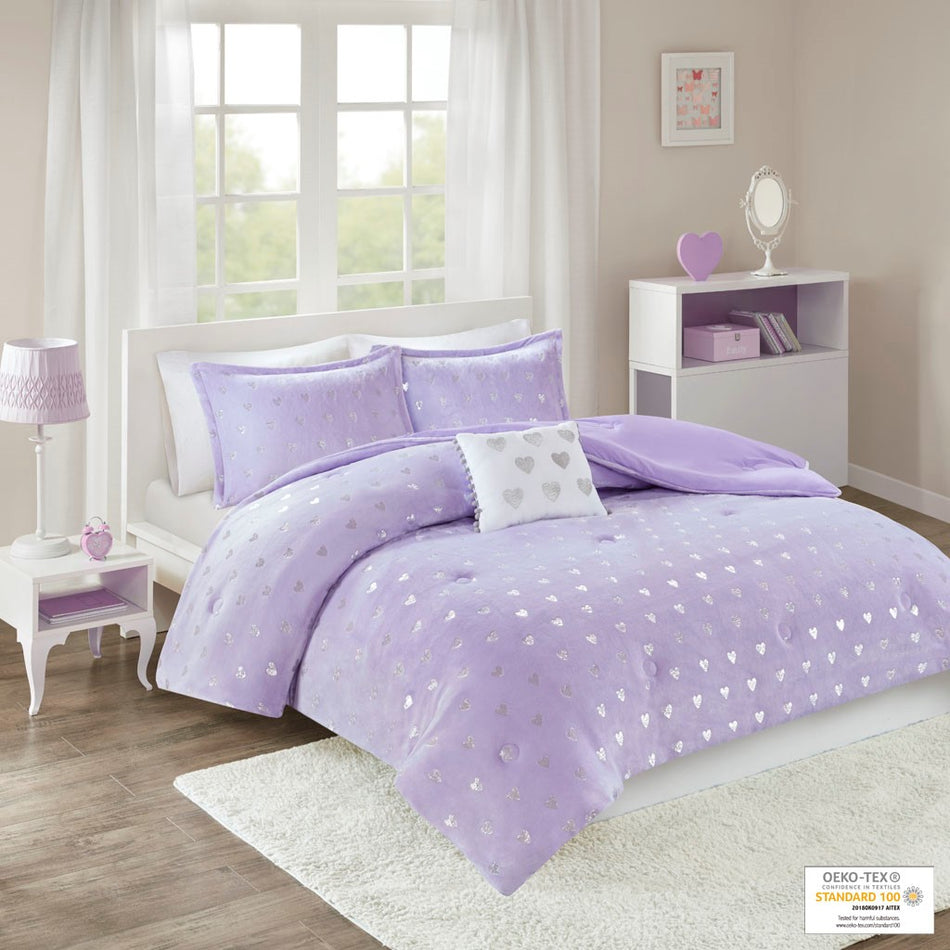 Mi Zone Rosalie Metallic Printed Plush Comforter Set - Purple / Silver - Full Size / Queen Size