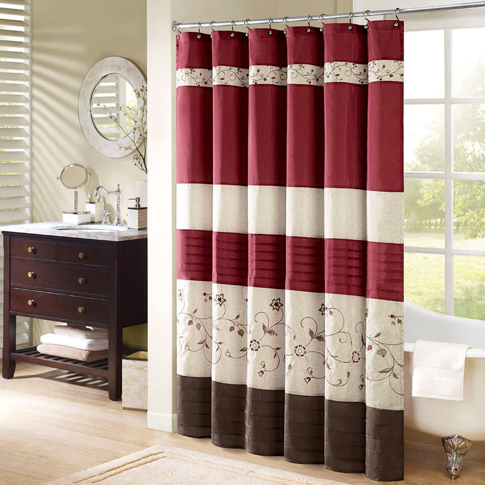 Madison Park Serene Faux Silk Embroidered Floral Shower Curtain - Red - 72x72"