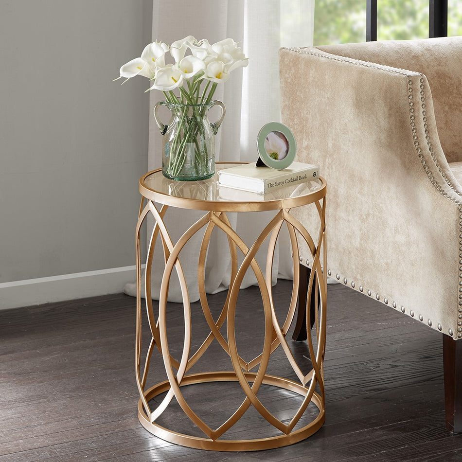 Madison Park Arlo Metal Eyelet Accent Table - Gold / Glass