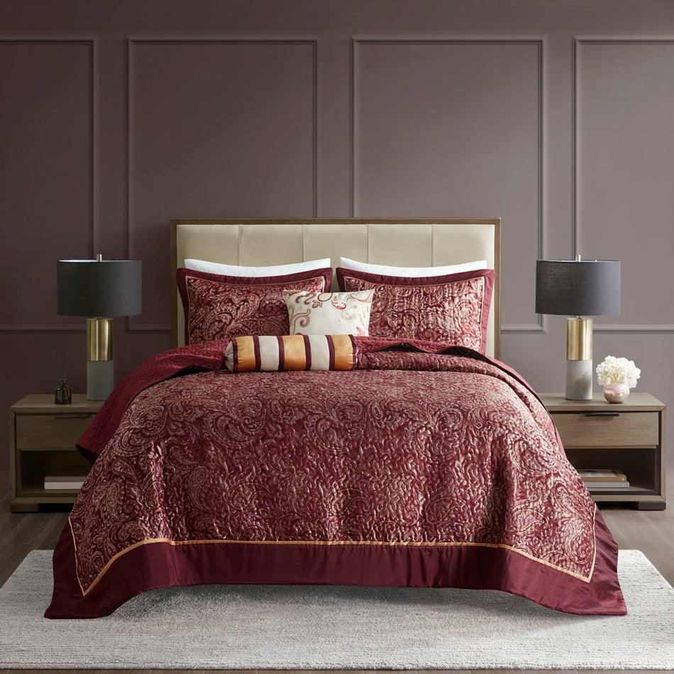 Aubrey 5 Piece Reversible Jacquard Bedspread Set - Burgundy - King Size