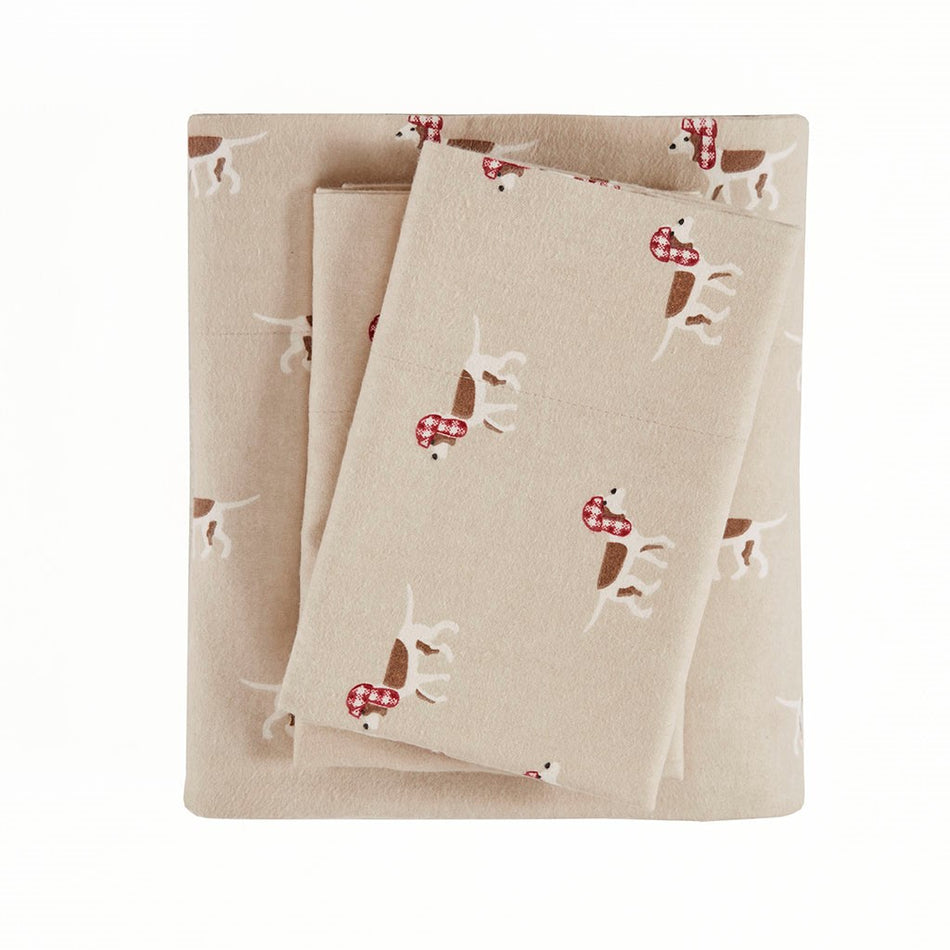 Cotton Flannel Sheet Set - Tan Dog - Queen Size