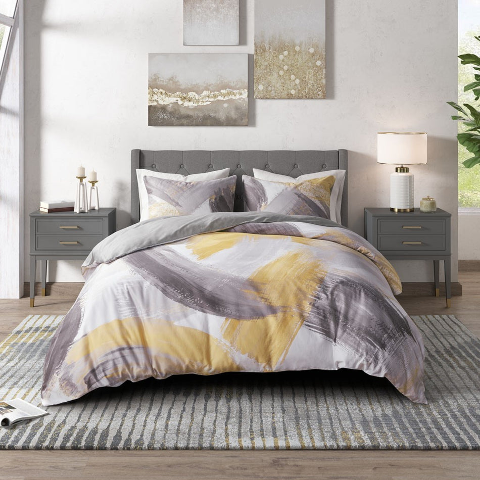 Andie Cotton Printed Duvet Cover Set - Grey / Yellow - Full Size / Queen Size