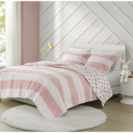 Urban Habitat Kids Sammie Cotton Cabana Stripe Reversible Quilt Set with Rainbow Reverse - Pink - Full Size / Queen Size