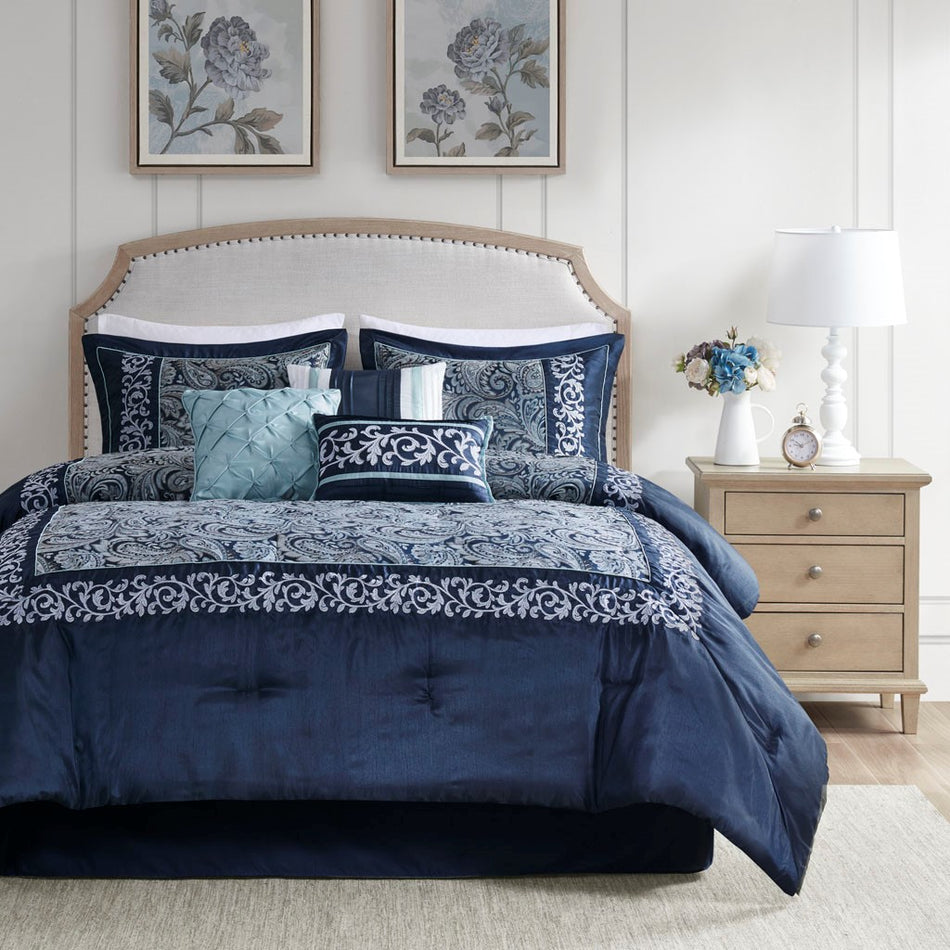 Madison Park Whitney 7 Piece Jacquard Comforter Set - Navy  - Queen Size Shop Online & Save - ExpressHomeDirect.com