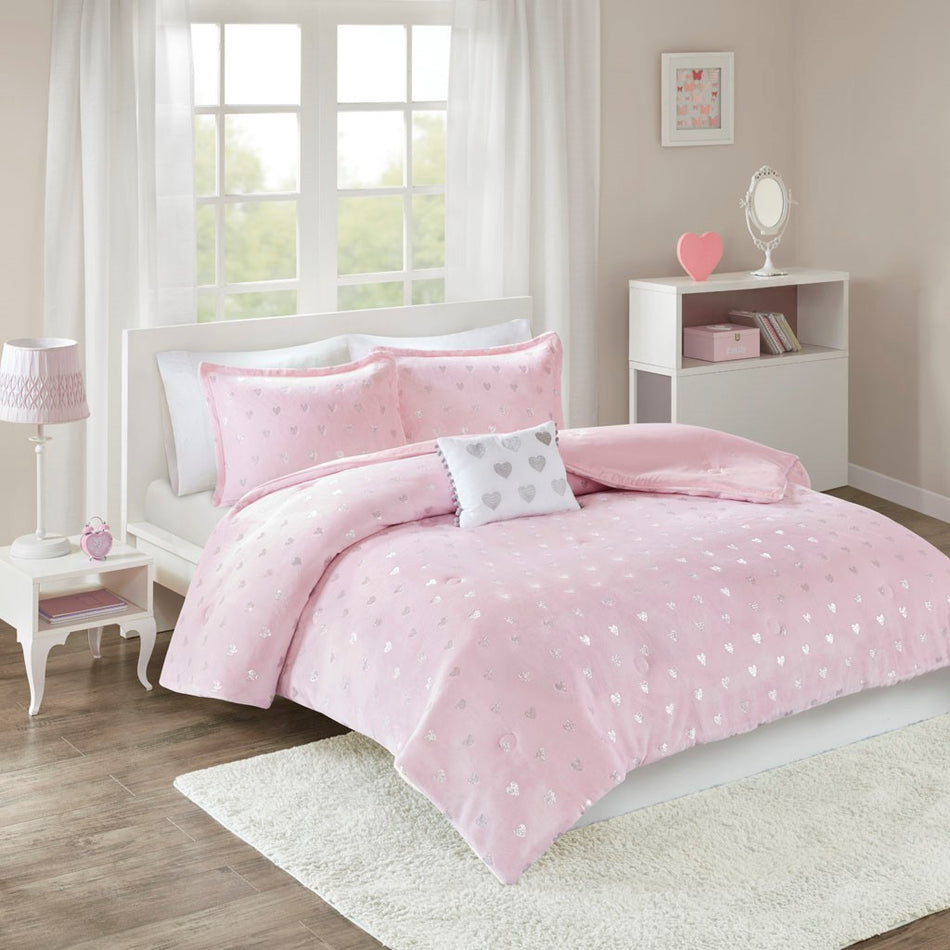 Rosalie Metallic Printed Plush Comforter Set - Pink / Silver - Full Size / Queen Size