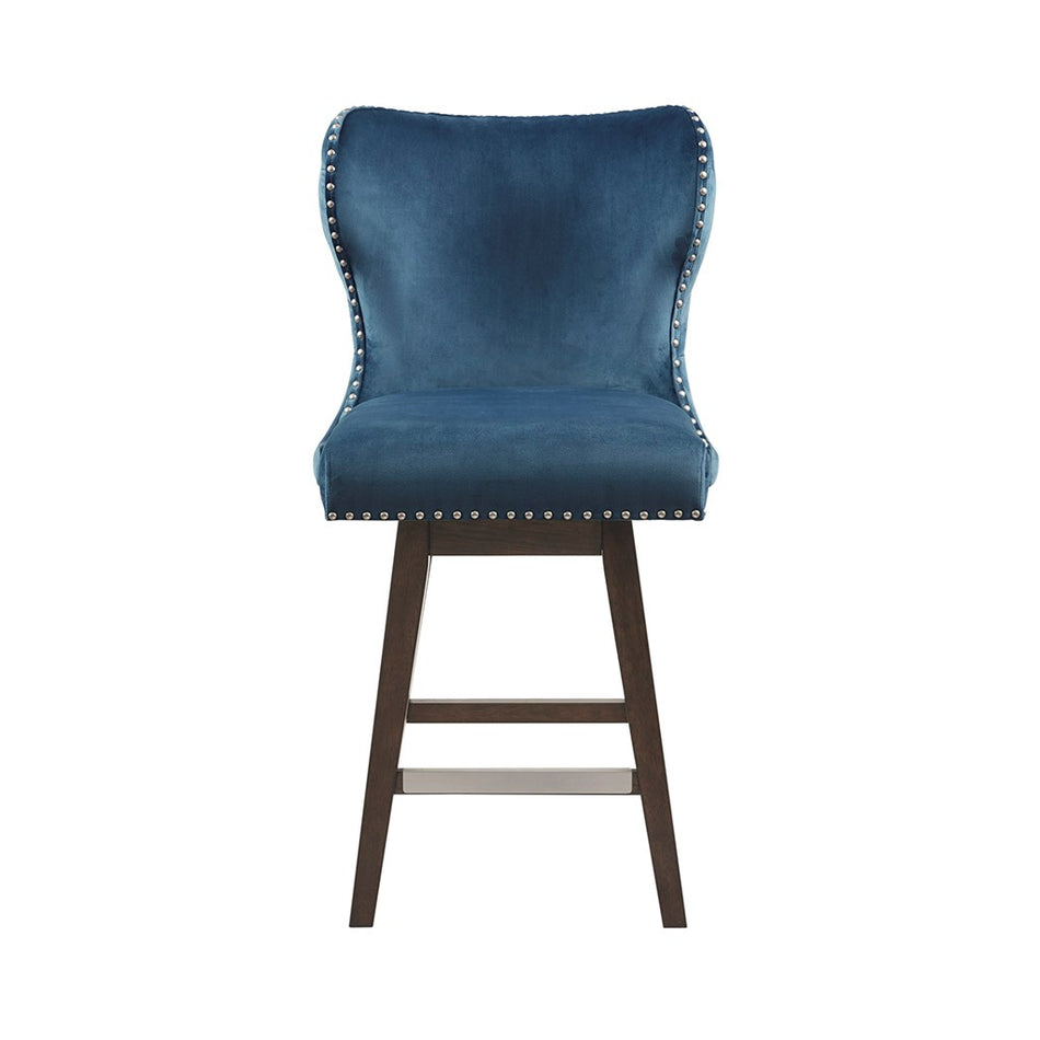 Hancock High Wingback Button Tufted Upholstered 27" Swivel Counter Stool with Nailhead Accent - Dark Blue