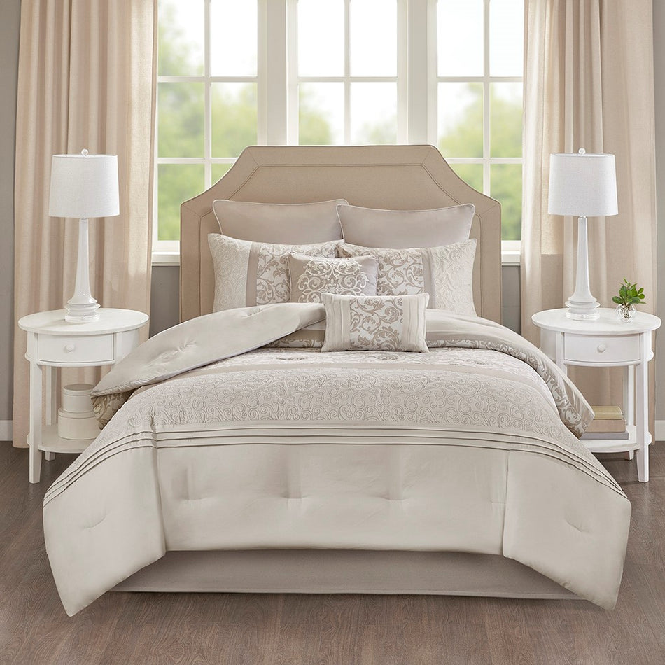 Ramsey Embroidered 8 Piece Comforter Set - Neutral - Queen Size