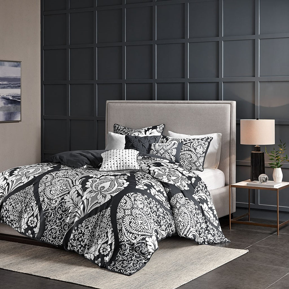 Madison Park Vienna 6 Piece Printed Duvet Cover Set - Black - Full Size / Queen Size