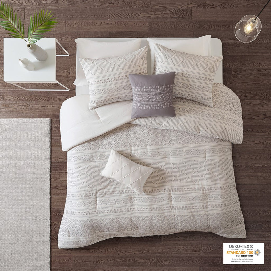 Urban Habitat Lizbeth 5 Piece Cotton Clip Jacquard Comforter Set - White / Grey - Full Size / Queen Size