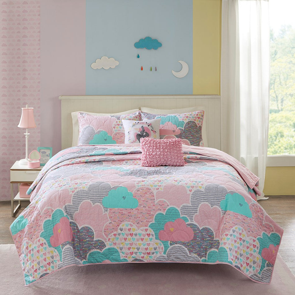 Cloud Reversible Cotton Quilt Set with Throw Pillows - Pink - Full Size / Queen Size