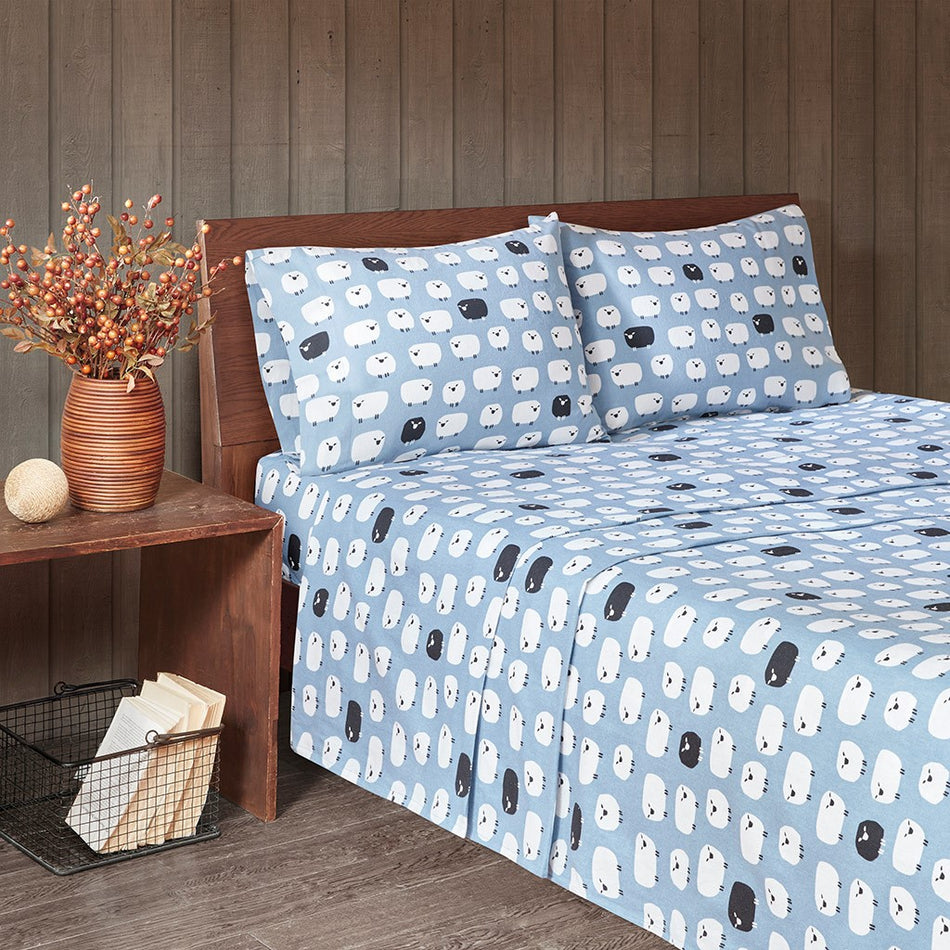 Woolrich Cotton Flannel Sheet Set - Blue Sheep - King Size