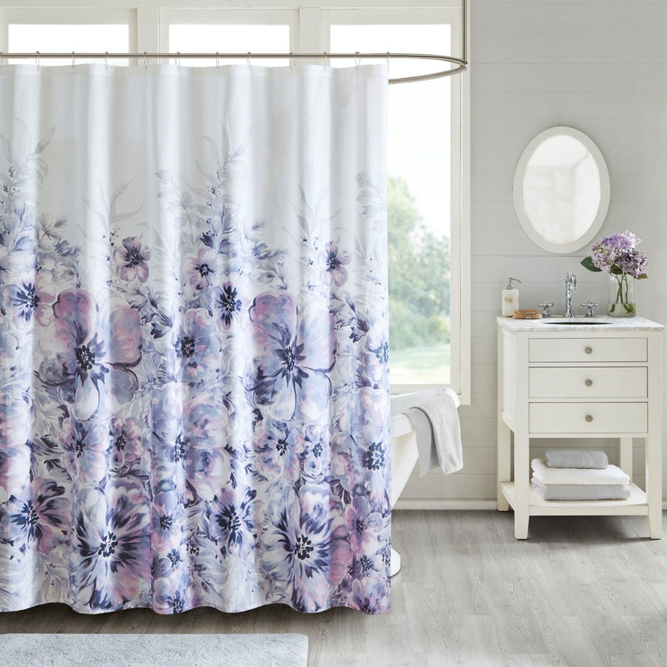 Madison Park Enza Floral 100% Cotton Printed Shower Curtain - Purple - 72x72"