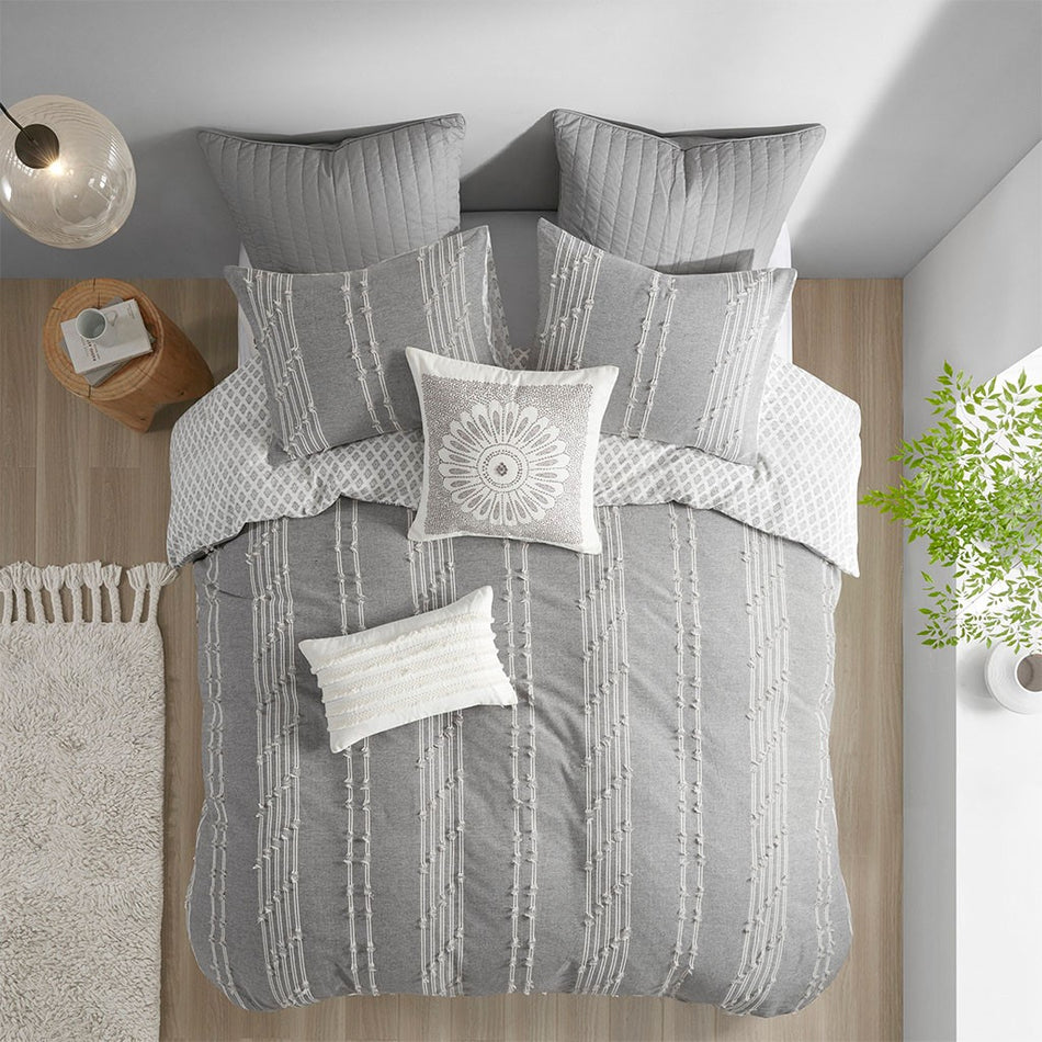 Kara 3 Piece Cotton Jacquard Comforter Set - Gray - Full Size / Queen Size