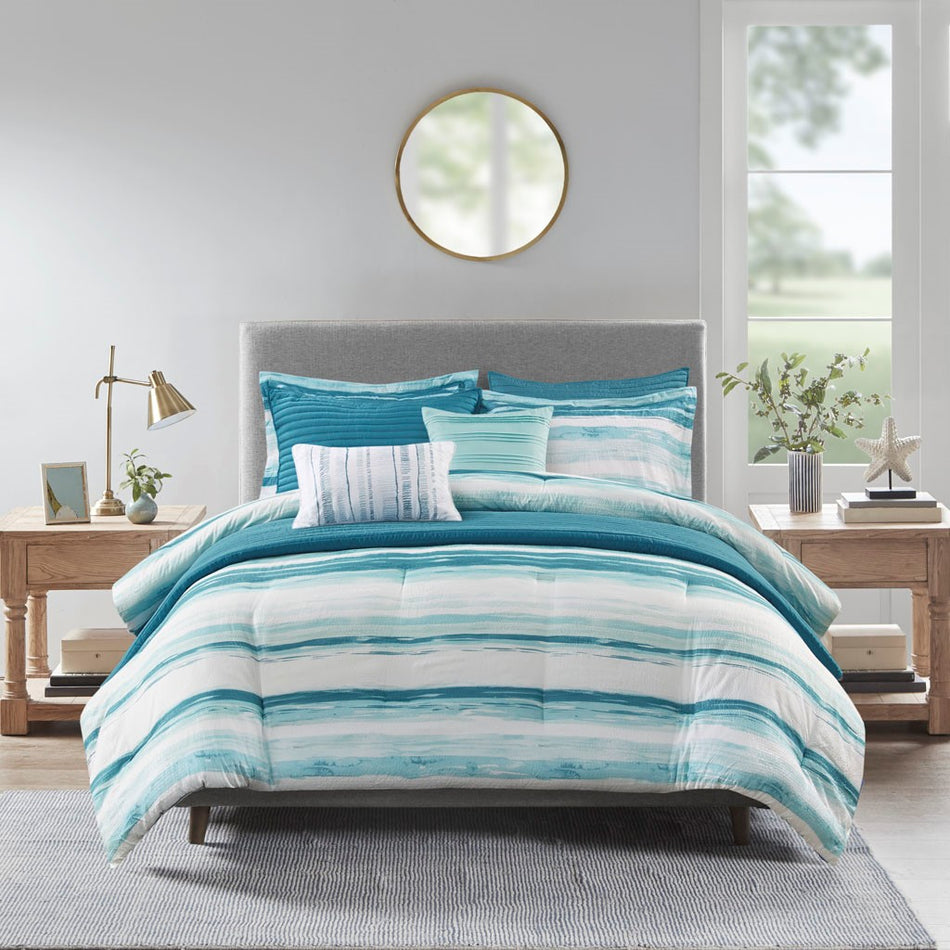Marina 8 Piece Printed Seersucker Comforter and Coverlet Set Collection - Aqua - King Size / Cal King Size