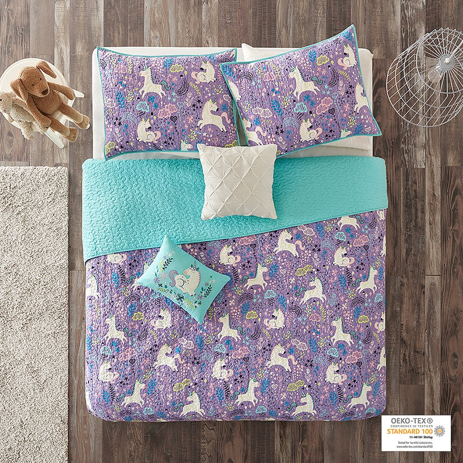 Urban Habitat Kids Lola Unicorn Reversible Cotton Quilt Set with Throw Pillows - Purple - Full Size / Queen Size