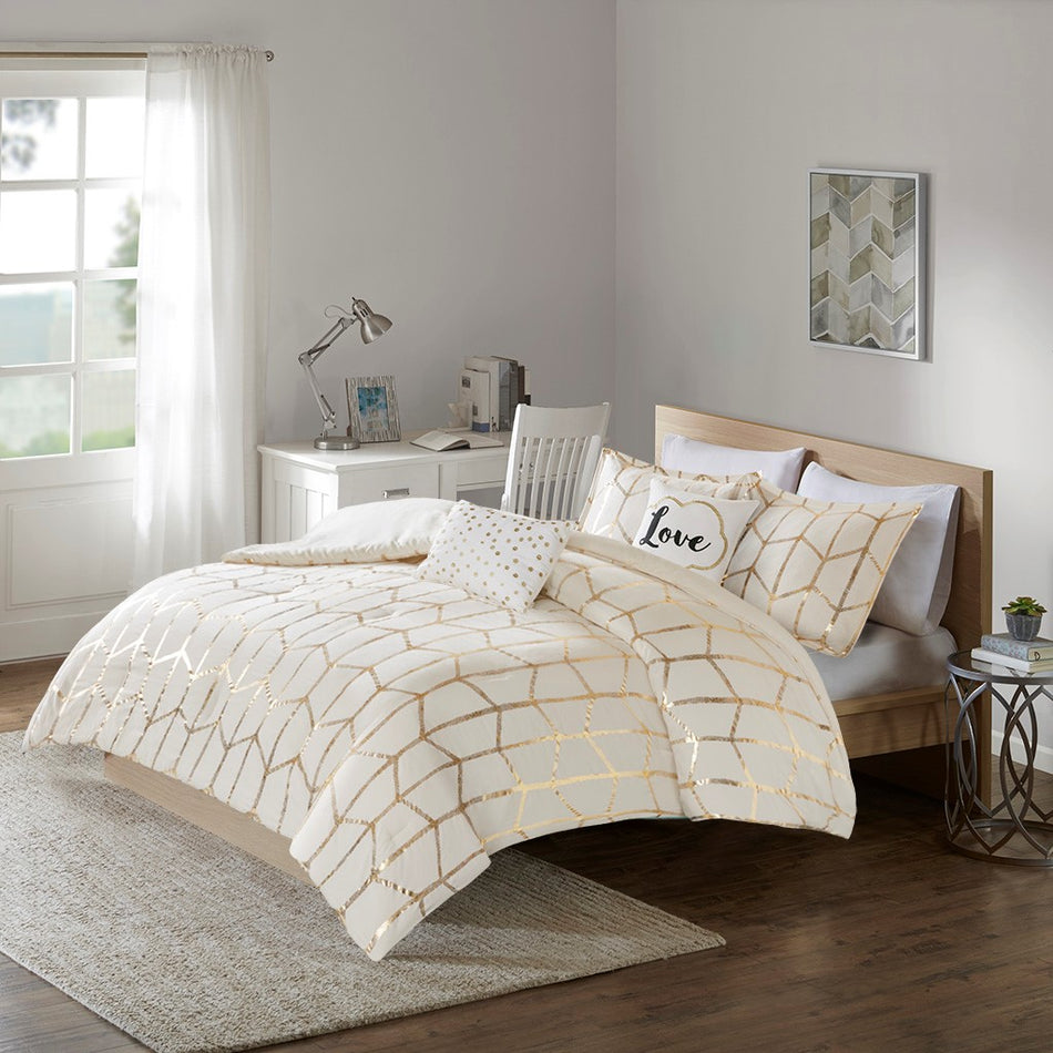 Intelligent Design Raina Metallic Printed Comforter Set - Ivory / Gold - Twin Size / Twin XL Size