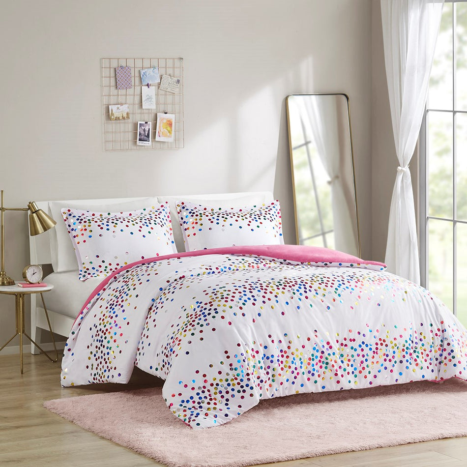 Intelligent Design Janie Rainbow Iridescent Metallic Dot Comforter Set
 - White - Full/Queen - ID10-2181