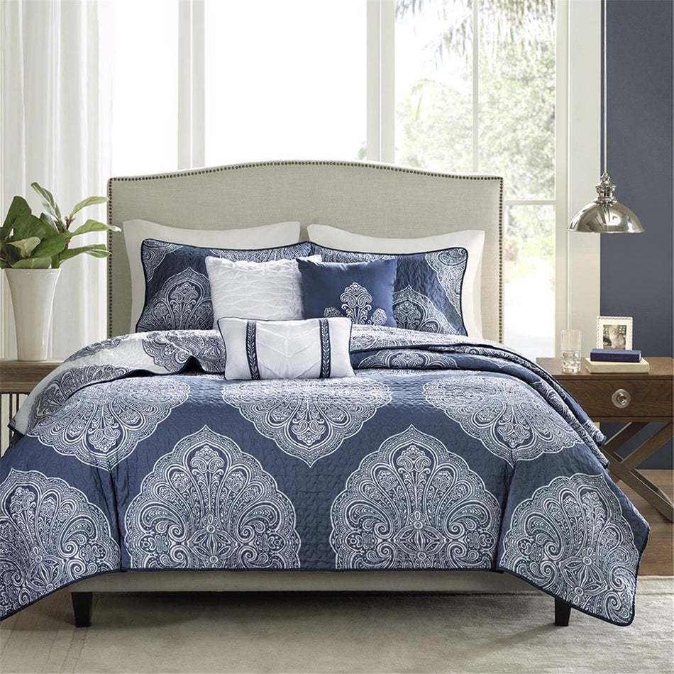 Rachel 6 Piece Reversible Quilted Coverlet Set - Navy - King Size / Cal King Size