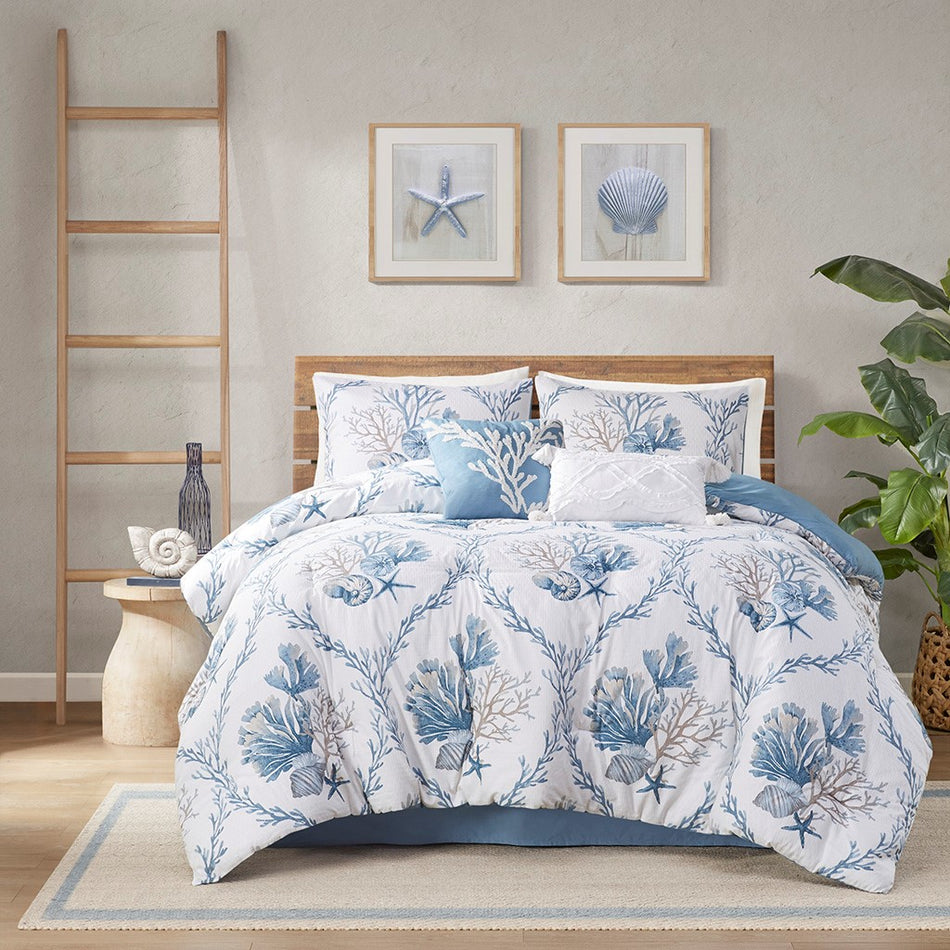 Harbor House Pismo Beach 6 Piece Oversized Cotton Comforter Set with Throw Pillows - Blue / White  - King Size Shop Online & Save - ExpressHomeDirect.com