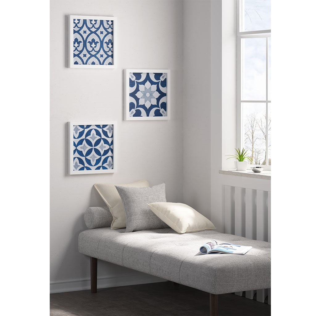 Madison Park Patterned Tiles Paper Printed with Gel Coat and Framed Wall Decor 3 Piece Set - Navy