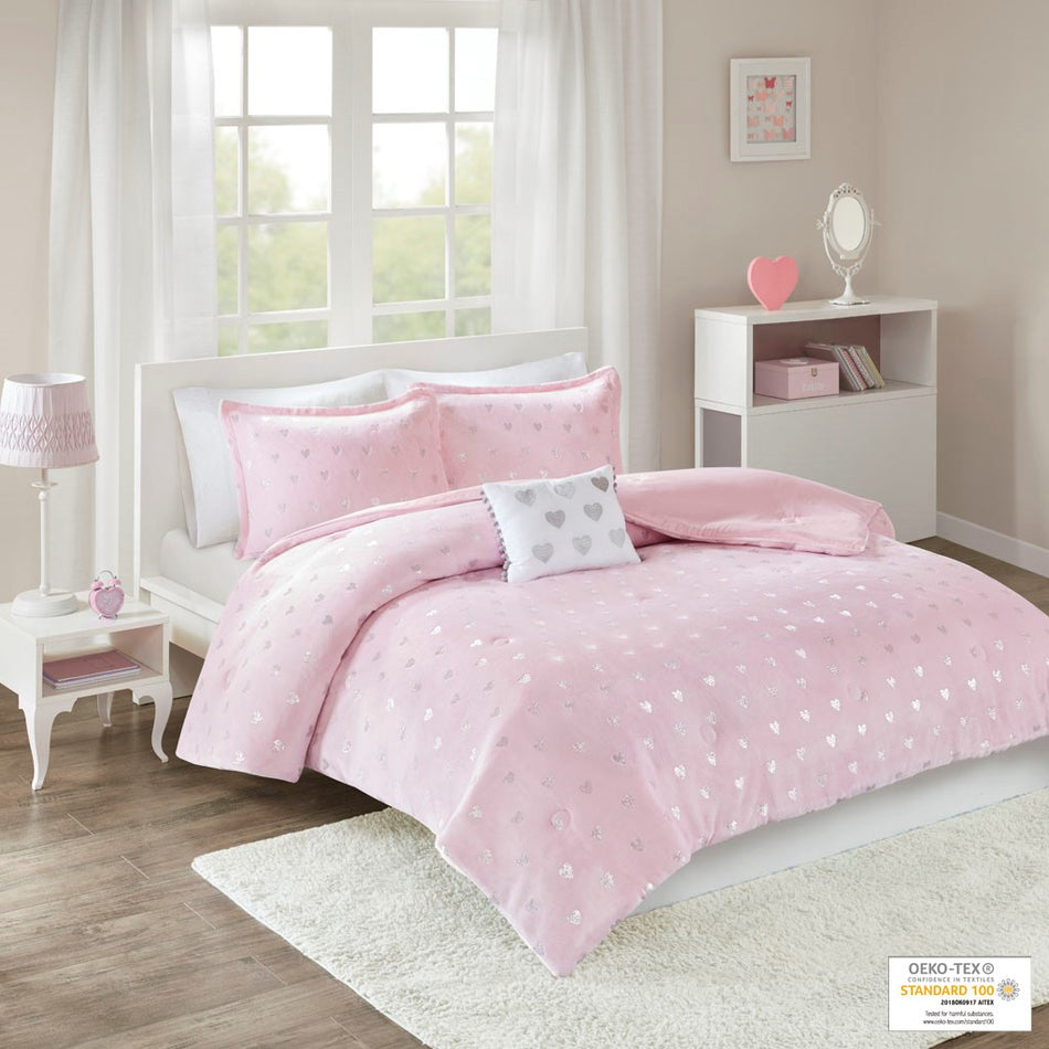 Mi Zone Rosalie Metallic Printed Plush Comforter Set - Pink / Silver - Full Size / Queen Size