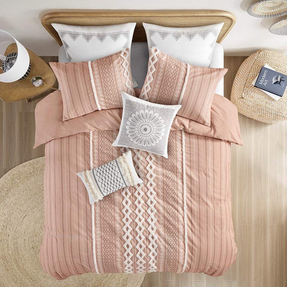 Imani Cotton Printed Comforter Set w/ Chenille - Blush - Full Size / Queen Size