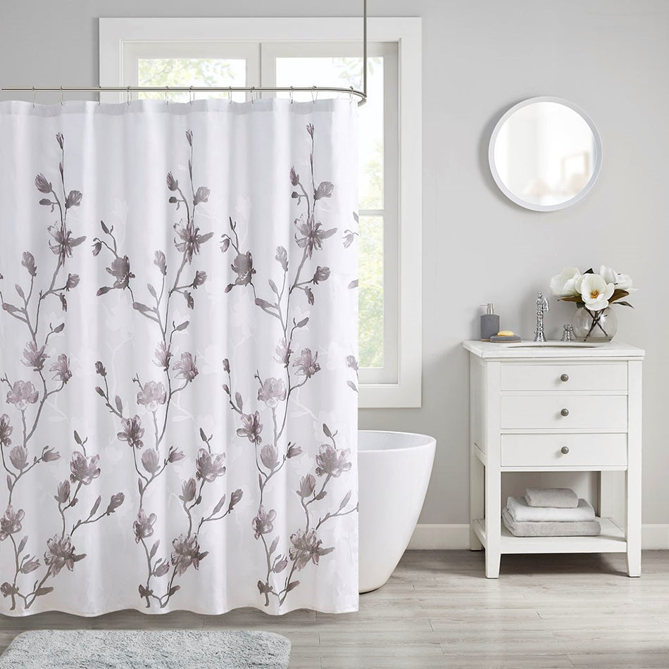 Madison Park Magnolia Floral Printed Burnout Shower Curtain - Purple - 72x72"