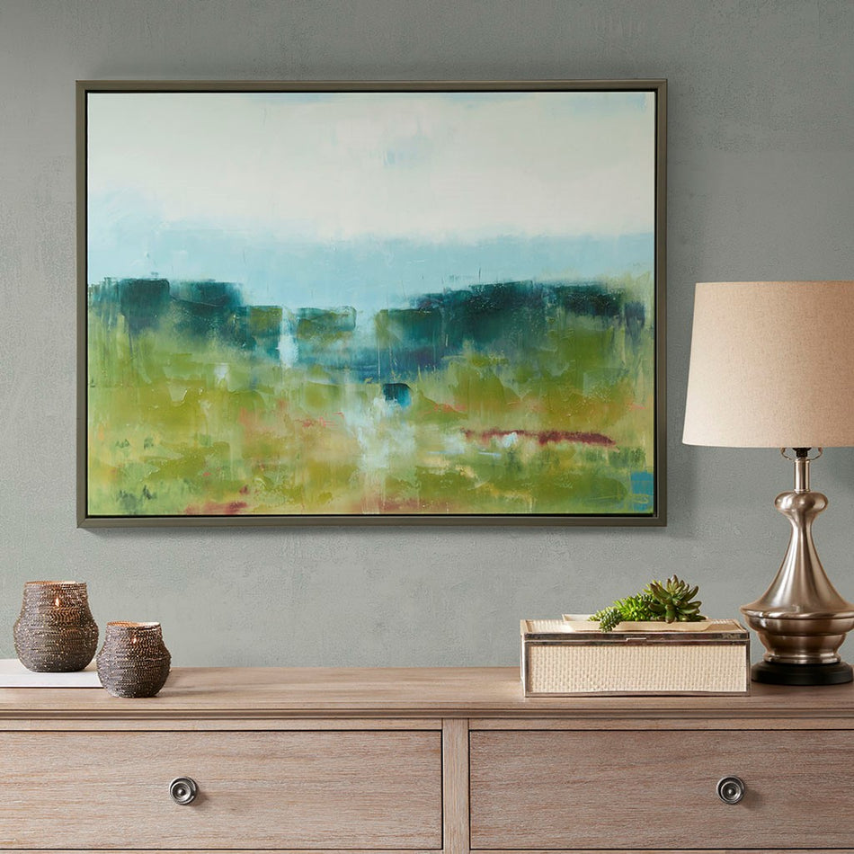Madison Park Signature Morning Fields Green Hand Embellished Framed Canvas - Blue