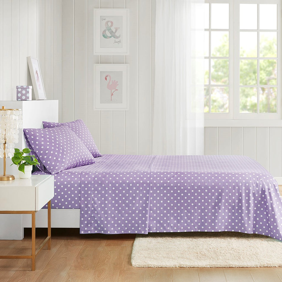 Mi Zone Polka Dot Printed 100% Cotton Sheet Set - Purple - Queen Size