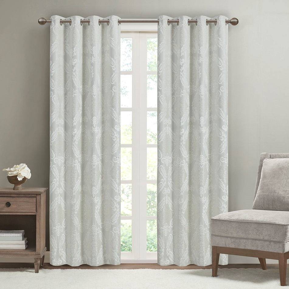 SunSmart Amelia Knitted Jacquard Paisley Total Blackout Grommet Top Curtain Panel - White - 84" Panel