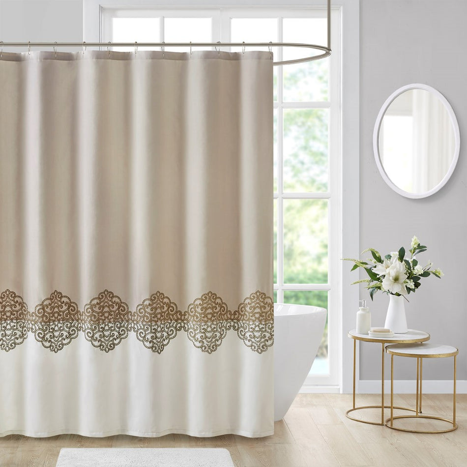Madison Park Panache Pieced and Embroidered Shower Curtain - Tan - 72x72"