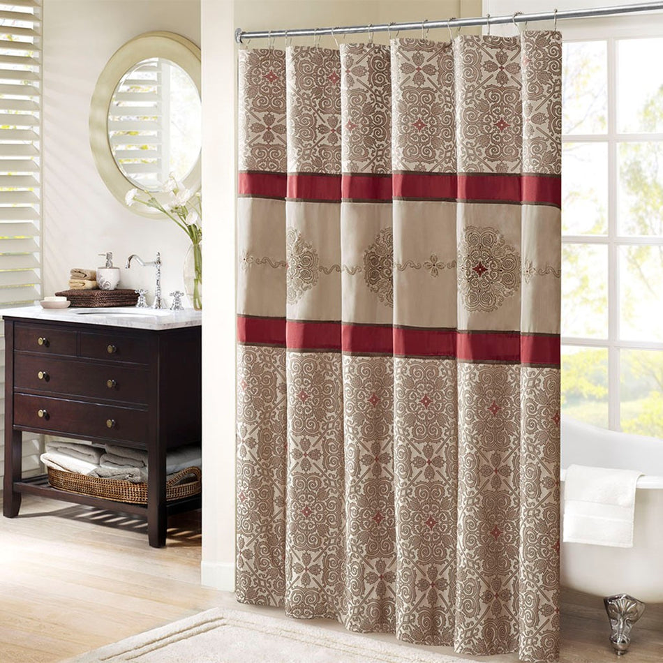Madison Park Donovan Embroidered Shower Curtain - Red - 72x72"