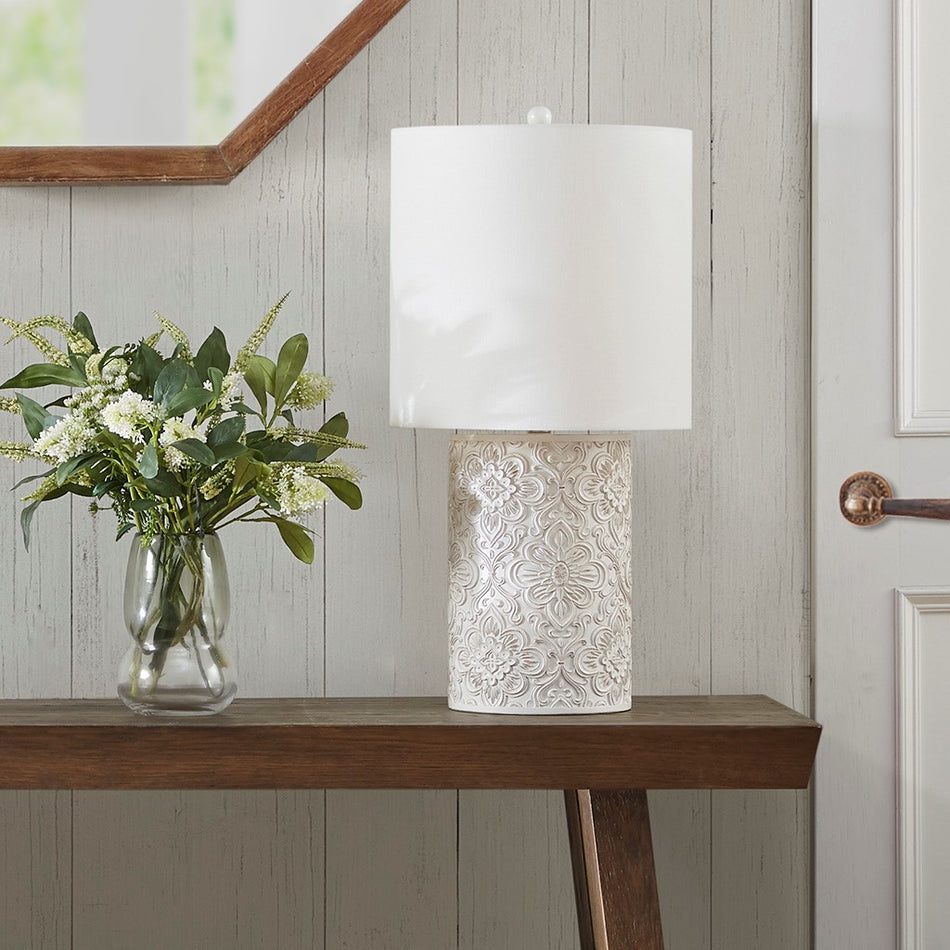 Hampton Hill Ashbourne Embossed Floral Resin Table Lamp - Ivory 