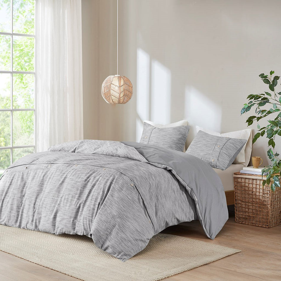 Clean Spaces Dover 3 Piece Organic Cotton Oversized Duvet Cover Set - Grey - Full Size / Queen Size