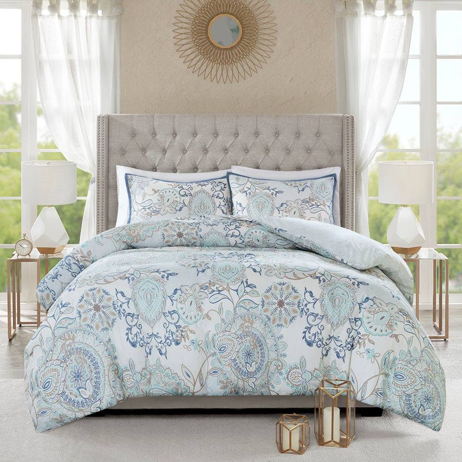Isla 3 Piece Cotton Floral Printed Reversible Duvet Cover Set - Blue - King Size / Cal King Size