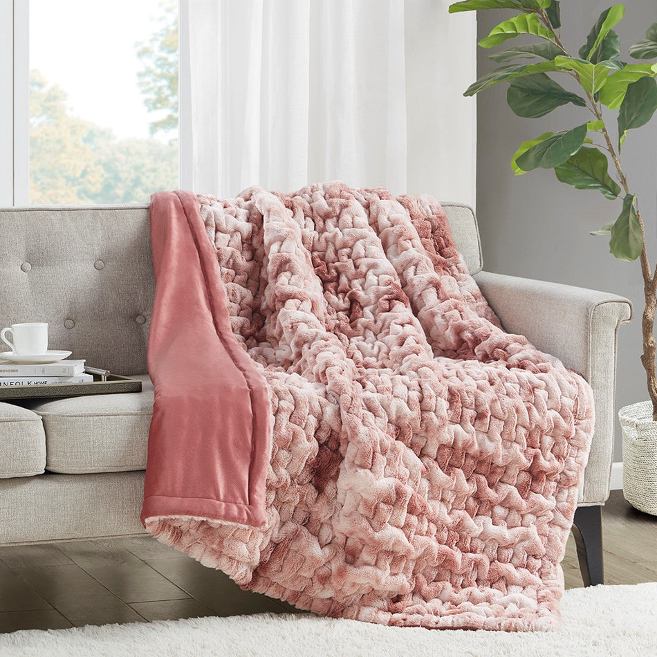 Madison Park Ruched Fur Throw - Pink Tie dye - 50x60"