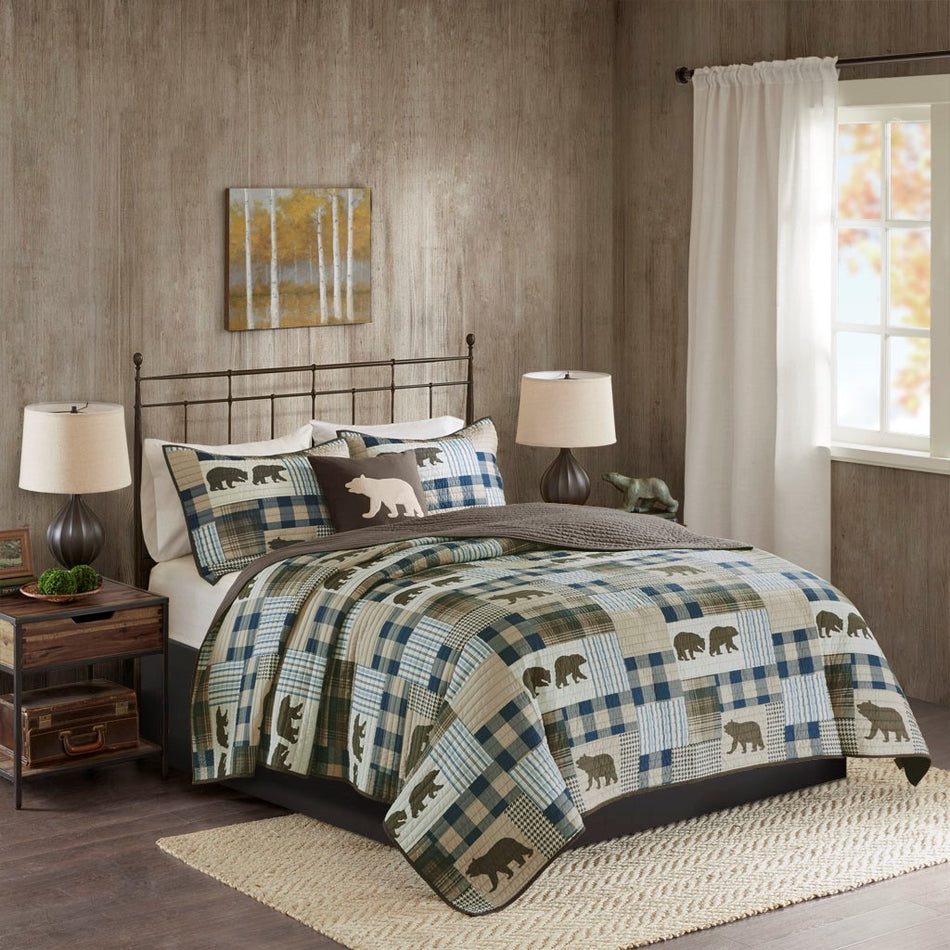 Woolrich Twin Falls Oversized 4 Piece Quilt Set - Brown / Blue - King Size / Cal King Size
