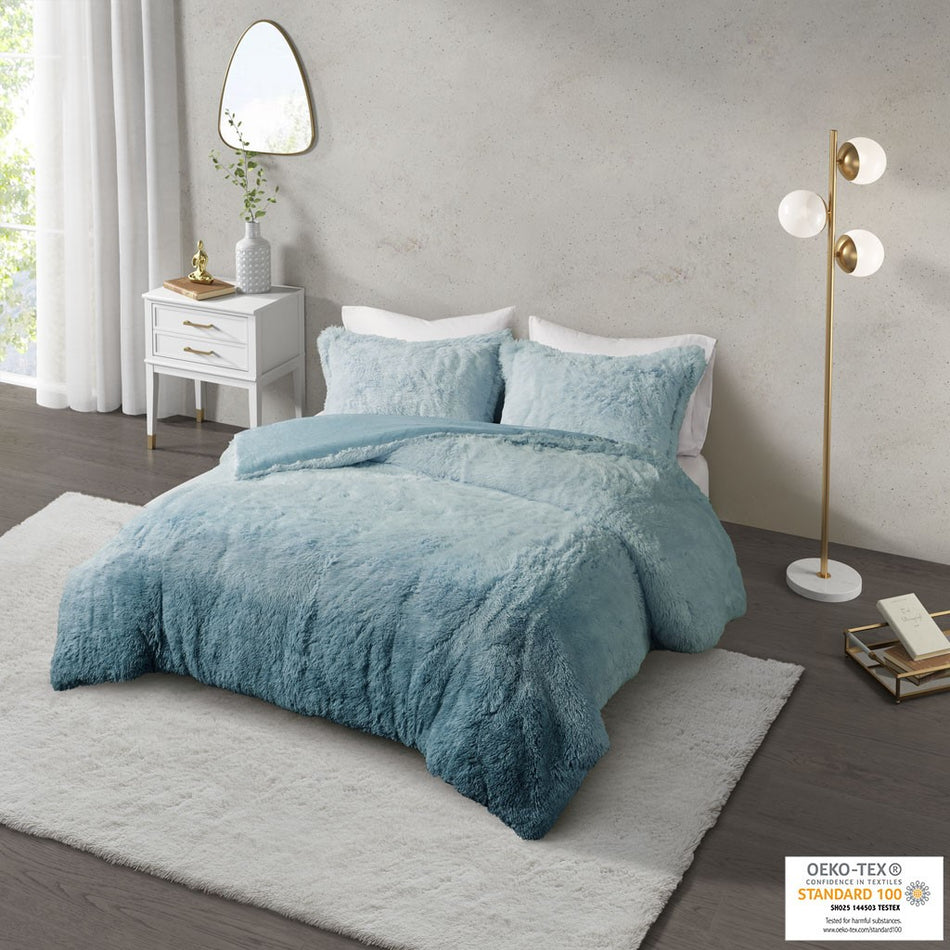 CosmoLiving Cleo Ombre Shaggy Fur Comforter Set - Teal - Twin Size / Twin XL Size